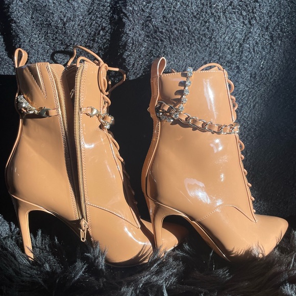 Aldo Shoes - Aldo Glossy Tan Lace-Up Heels